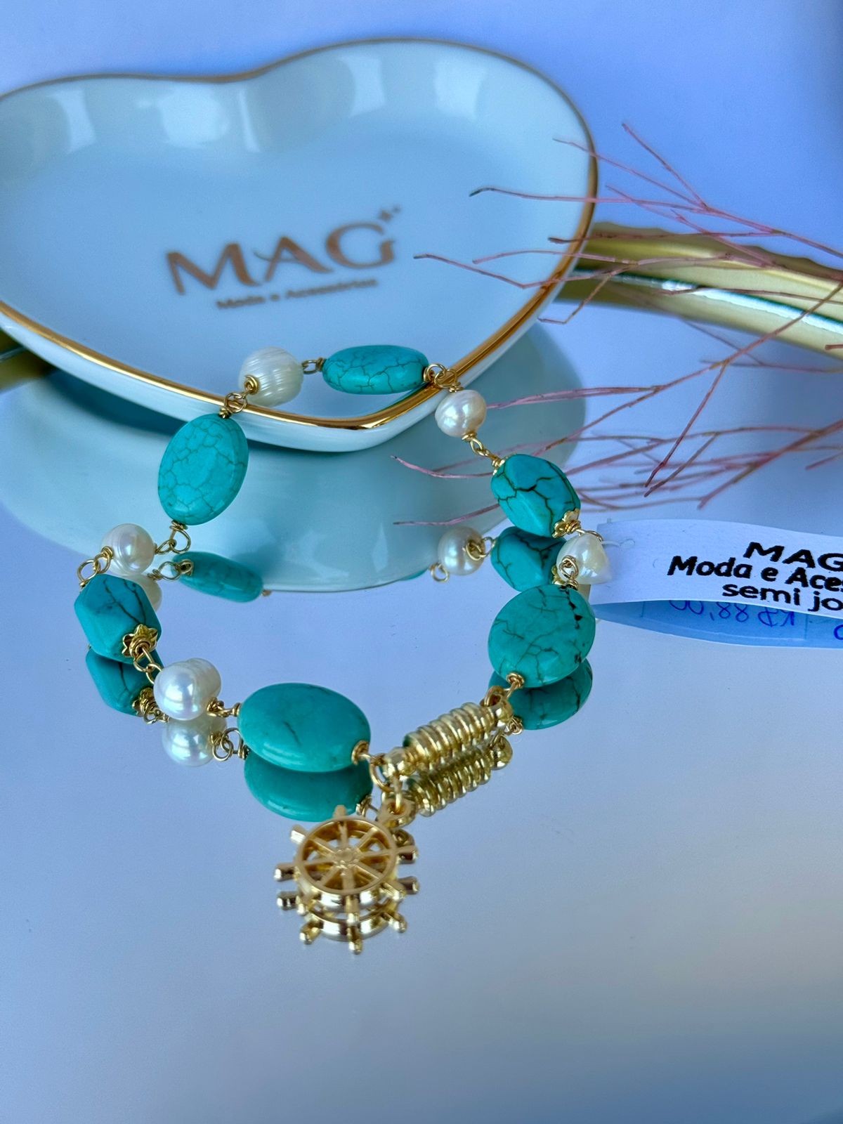 Pulseira pedra natural ( Turquesa e pérolas de água doce) - Imagem 2