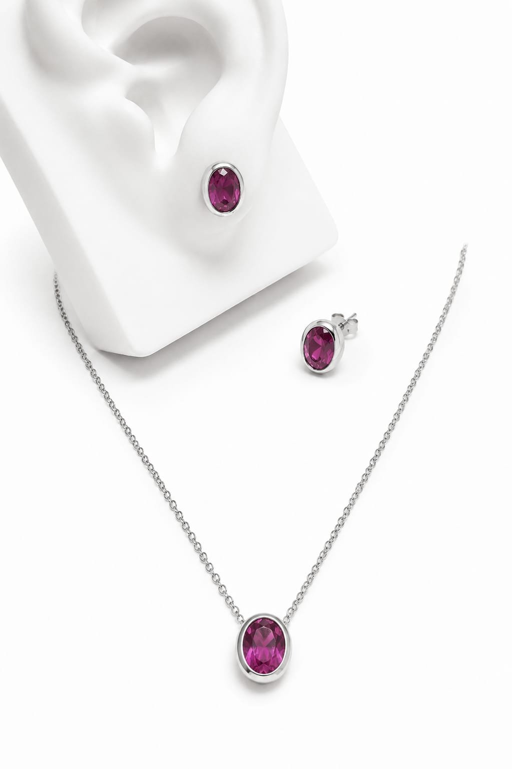 Conjunto rosa banho de ródio branco